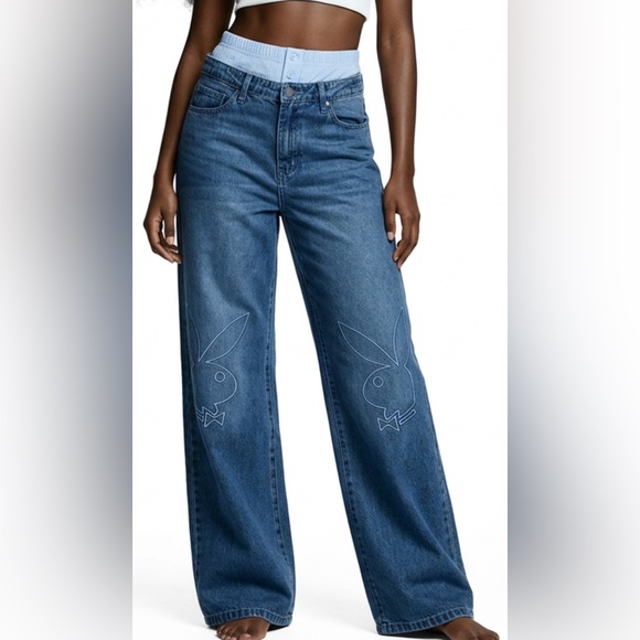 PLAYBOY Mid-Blue Wide-Leg Jeans with Embroidered Bunny - Picture 3 of 3